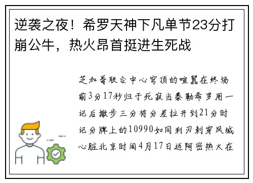 逆袭之夜！希罗天神下凡单节23分打崩公牛，热火昂首挺进生死战​